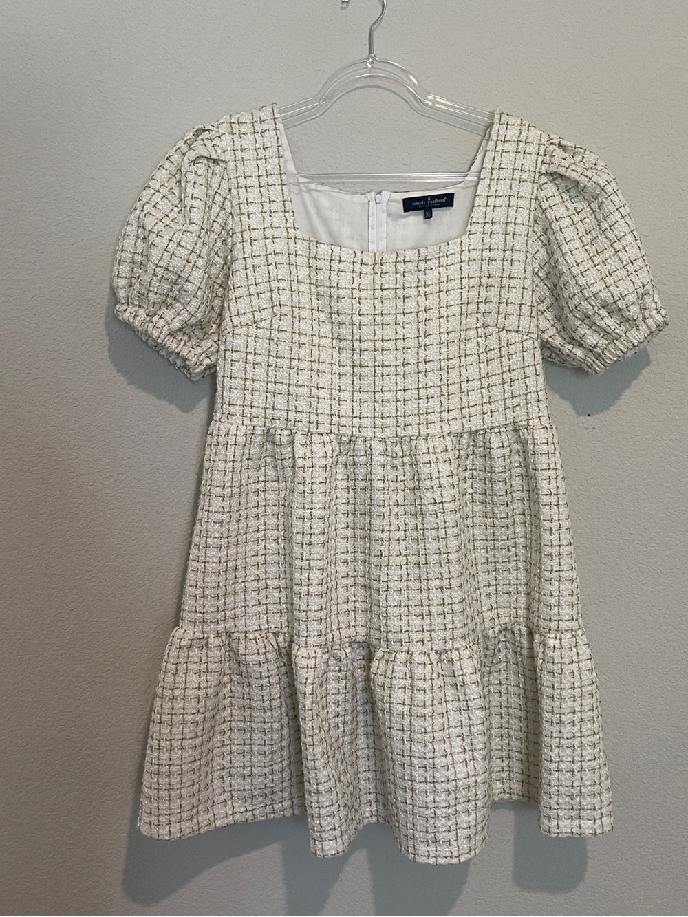 Simply Southern Ivory Tweed Square-Neck Puff Sleeve Dress